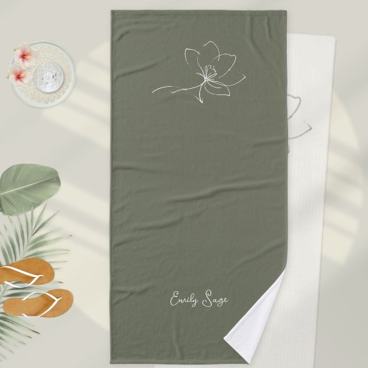 Sage Green Ivory Floral Line Art Minimalist Zen バスタオル