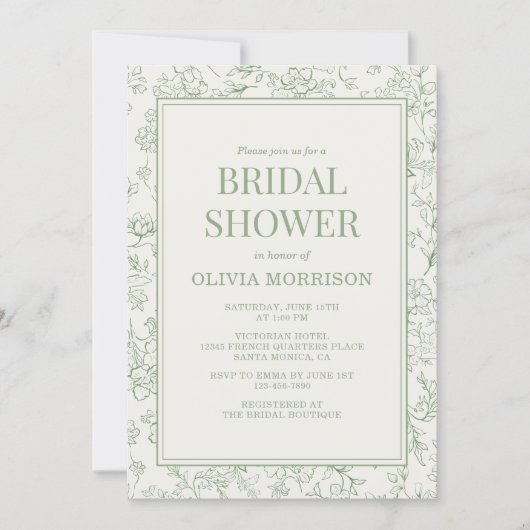 Sage Green Ivory French QR Code Bridal Shower 招待状 (正面)