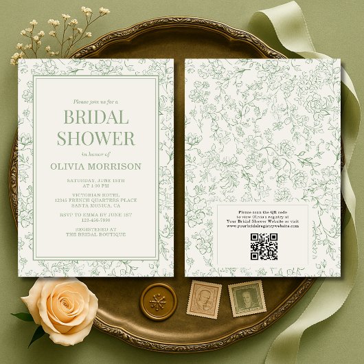 Sage Green Ivory French QR Code Bridal Shower 招待状