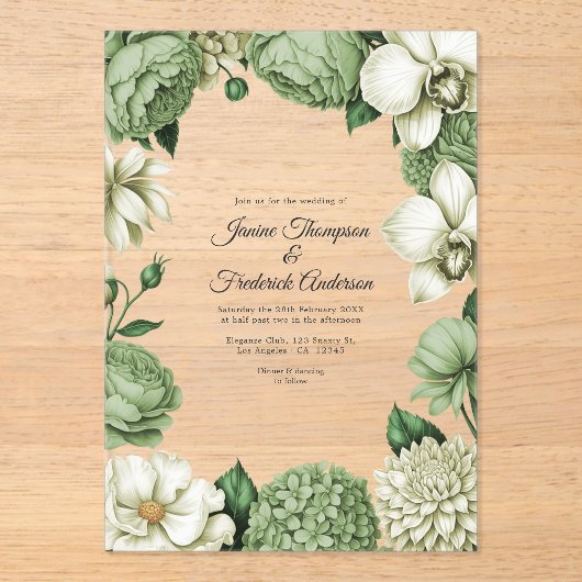 Sage Green & Ivory Modern Botanical Wedding アクリル招待状 (正面)