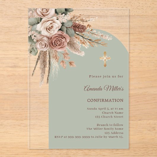 Sage green ivory taupe roses arch Confirmation アクリル招待状 (正面)