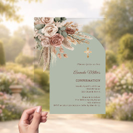 Sage green ivory taupe roses arch Confirmation アクリル招待状