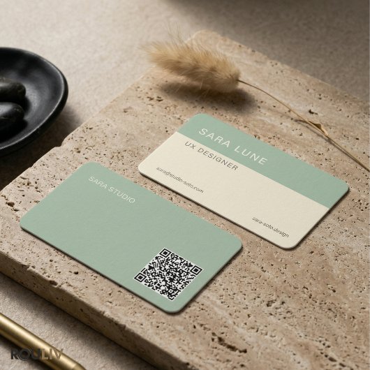 Sage Green Japandi Minimal QR Code Designer Studio 名刺