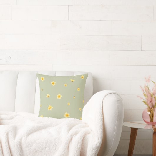 Sage Green Japanese Wintersweet Floral Pattern クッション (ソファ)