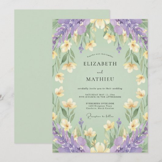 Sage Green Lavender Spring Wedding 招待状 (正面/裏面)