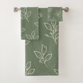 Sage Green Leaf Bathroom Towel Set バスタオルセット
