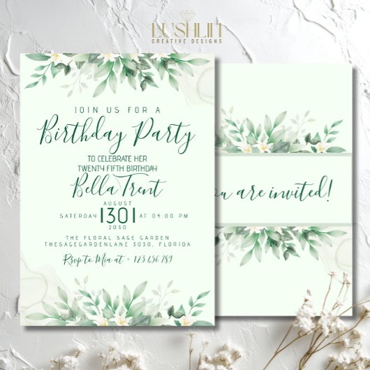 Sage Green Leaf Birthday Invitations 招待状