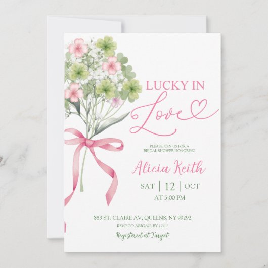 sage green leaf clover bouquet bridal shower 招待状 (正面)