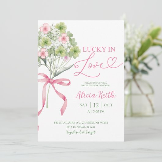 sage green leaf clover bouquet bridal shower 招待状 (スタンド正面)