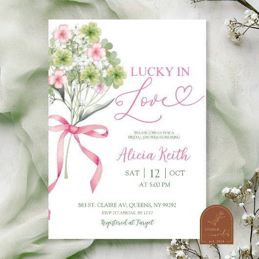 sage green leaf clover bouquet bridal shower 招待状