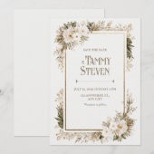Sage Green Leaf Ivory Blossom Wedding 招待状 (正面/裏面)