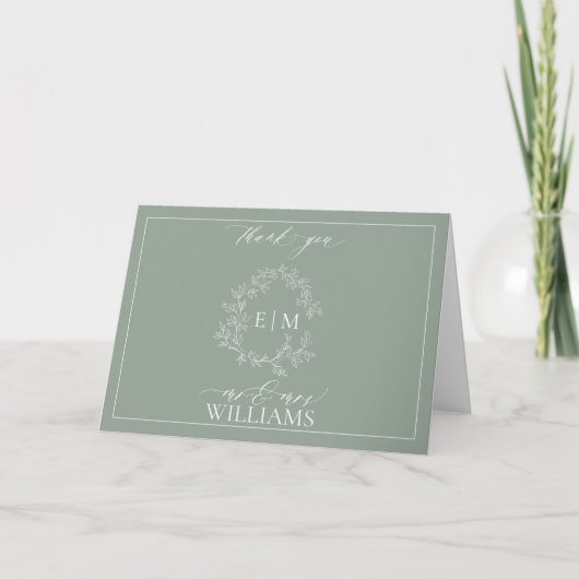 Sage Green Leafy Crest Monogram Photo Thank You Ca カード (正面)