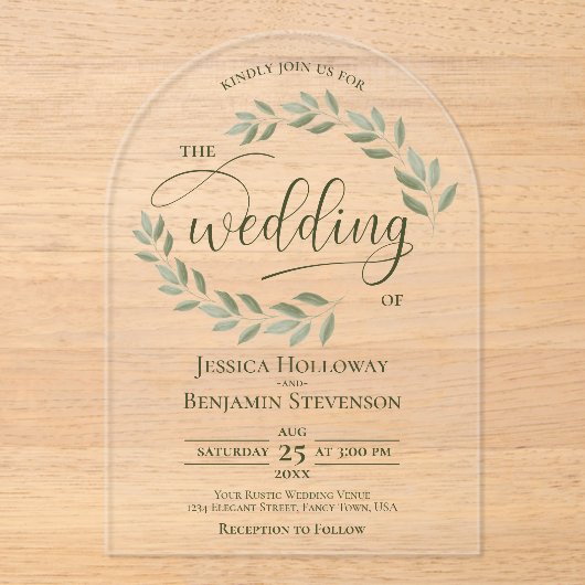 Sage Green Leaves or Vines Stylish Script Wedding  アクリル招待状 (正面)