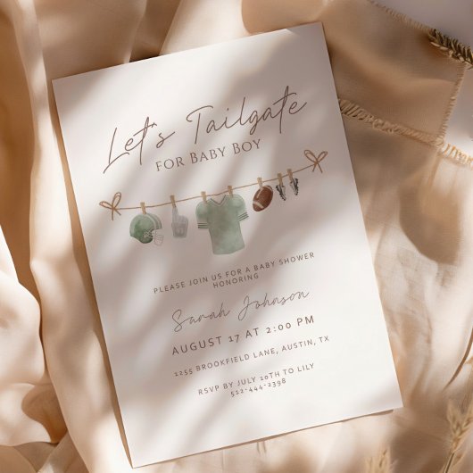 Sage green Let’s Tailgate Football Baby Shower 招待状