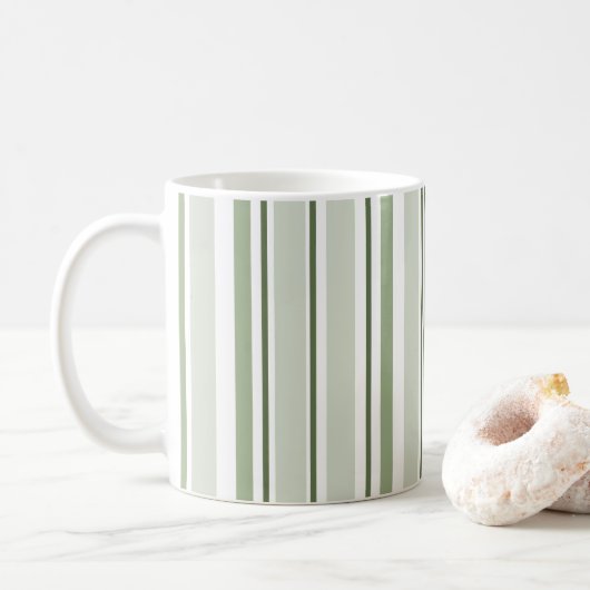 Sage Green (Light, Medium, Dark) and White Stripes コーヒーマグカップ (ドーナツ)