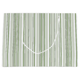 Sage Green (Light, Medium, Dark) and White Stripes ラージペーパーバッグ