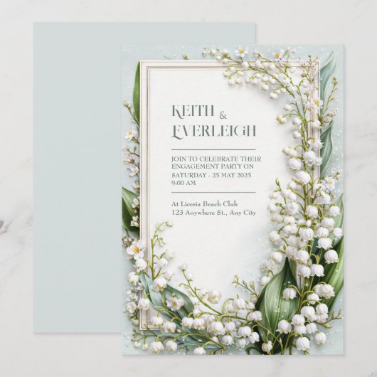 Sage Green Lily Valley Botanical Frame Wedding 招待状 (正面/裏面)