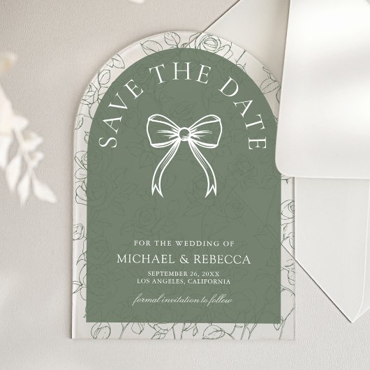 Sage Green Line Art Bow Wedding Save the Date アクリル招待状