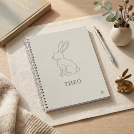 sage green+line art+rabbit+子供+名前+学校+文房具 ノートブック