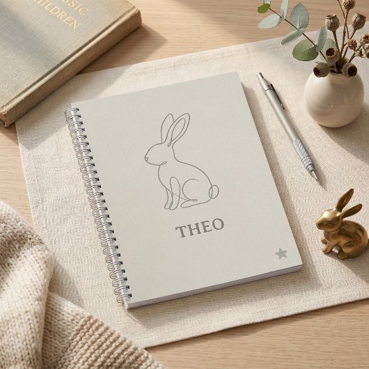 sage green+line art+rabbit+子供+名前+学校+文房具 ノートブック