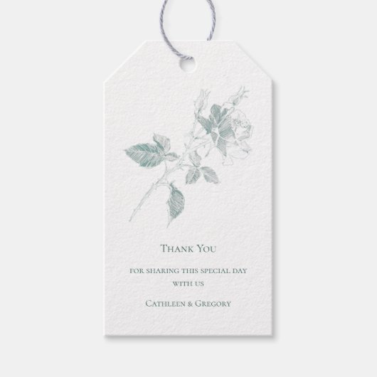 Sage Green Line Art Rose Thank You Wedding ギフトタグ (正面)
