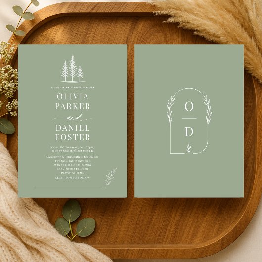 Sage Green Line Art Rustic Forest Wedding 招待状
