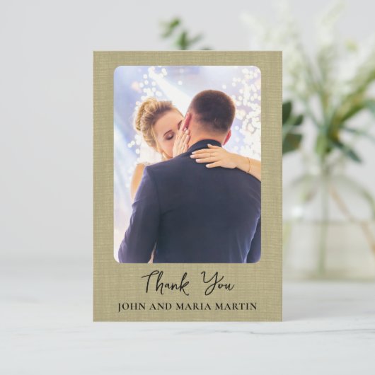 Sage Green Linenの写真結婚コラージュありがとう サンキューカード (スタンド正面)