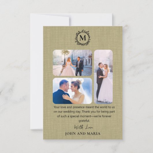 Sage Green Linenの写真結婚コラージュありがとう サンキューカード (裏面)