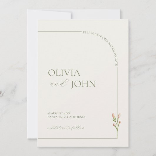 Sage Green & Linen Minimalist Save the Date Card 招待状 (正面)