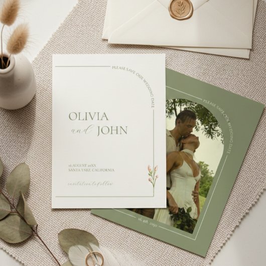 Sage Green & Linen Minimalist Save the Date Card 招待状