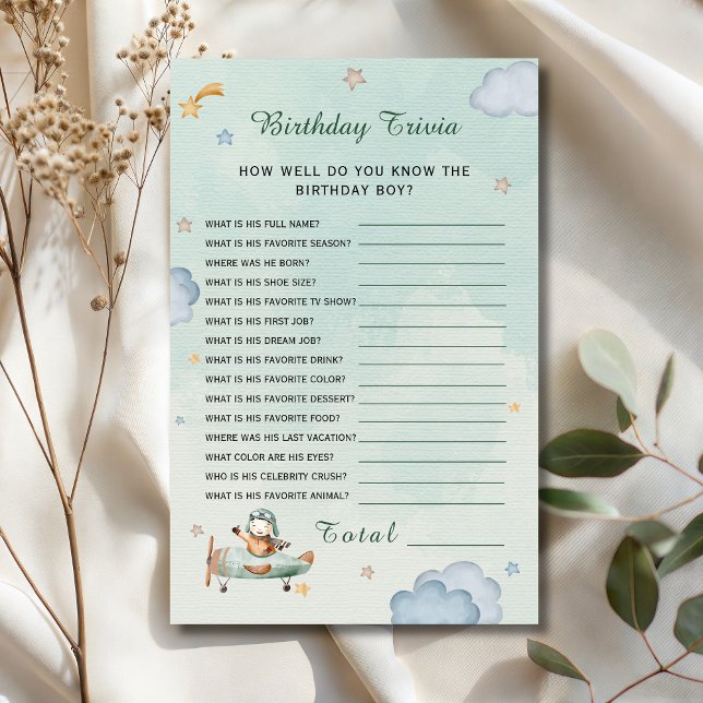 Sage Green Little Pilot Birthday Trivia Card (クリエイターアップロード済み)