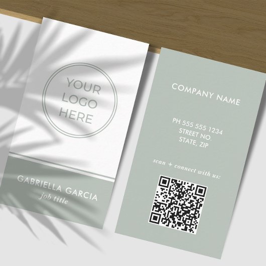 Sage Green Logo Scannable QR Code Business Card 名刺
