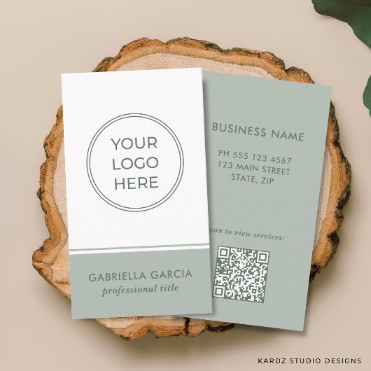 Sage Green Logo Scannable QR Code Business Card 名刺