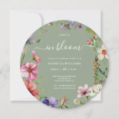 Sage Green Love in Bloom フラワー ブライダルシャワー 招待状 (正面)