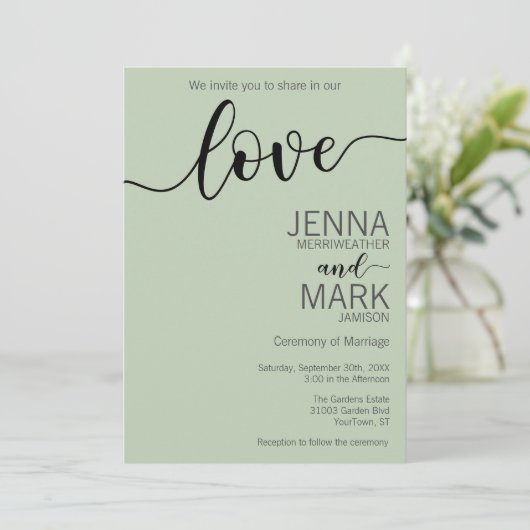 Sage Green Love Script Wildflower Wedding  招待状 (スタンド正面)