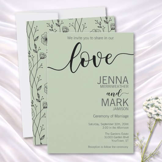 Sage Green Love Script Wildflower Wedding  招待状