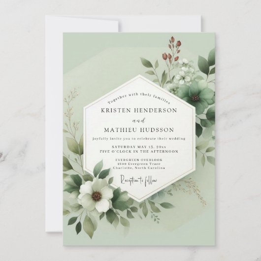 Sage Green Lush Botanical Wedding 招待状 (正面)