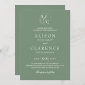 Sage Green Luxury Monogram Wedding 招待状 (正面/裏面)