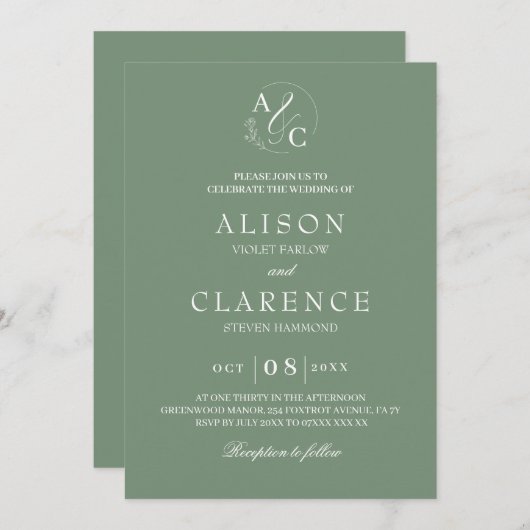 Sage Green Luxury Monogram Wedding 招待状 (正面/裏面)