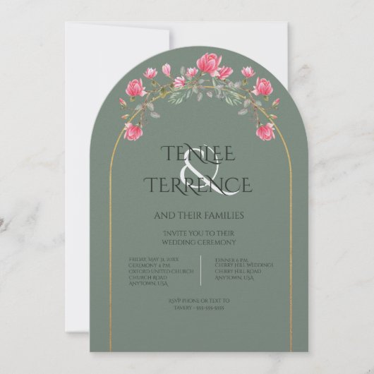 Sage Green Magnolia Blossoms Gold Frame Wedding  招待状 (正面)