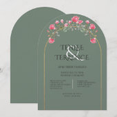 Sage Green Magnolia Blossoms Gold Frame Wedding  招待状 (正面/裏面)