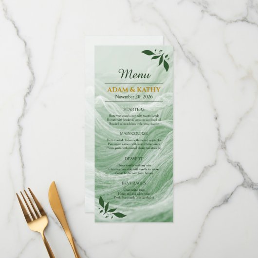 Sage Green Marble & Gold Wedding Menu メニュー (正面/裏面インサイチュ)