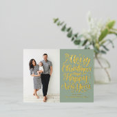 Sage Green Merry Christmas書道写真 箔シーズンポストカード (立ち正面)