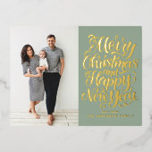 Sage Green Merry Christmas書道写真 箔シーズンポストカード (正面)