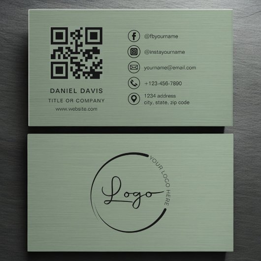 Sage Green Metallic Company Logo QR Code 名刺
