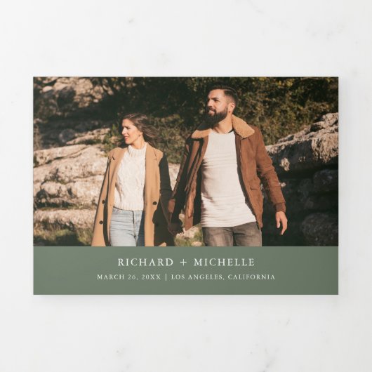 Sage Green Minimal Arch Photo QR code Wedding 三つ折り招待状 (カバー)