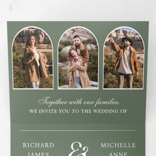 Sage Green Minimal Arch Photo QR code Wedding 三つ折り招待状 (内部最初)