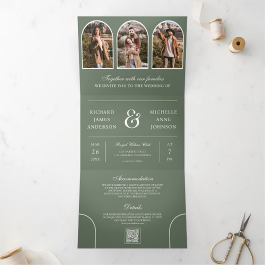 Sage Green Minimal Arch Photo QR code Wedding 三つ折り招待状 (内部)