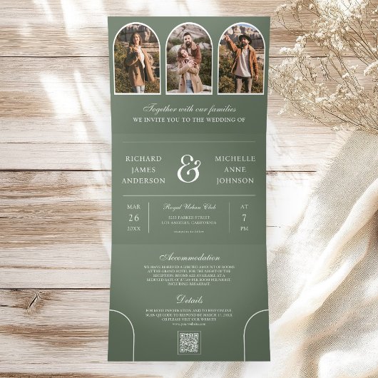 Sage Green Minimal Arch Photo QR code Wedding 三つ折り招待状