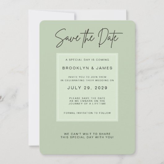 Sage Green Minimal Wedding Save The Date 招待状 (正面)